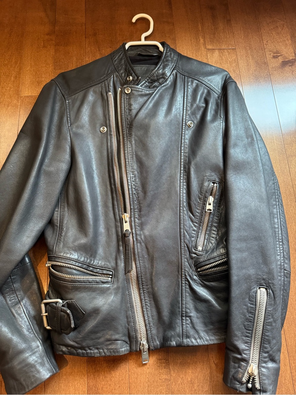 AllSaints Black Leather Bomber-Style Motorcycle Jacket